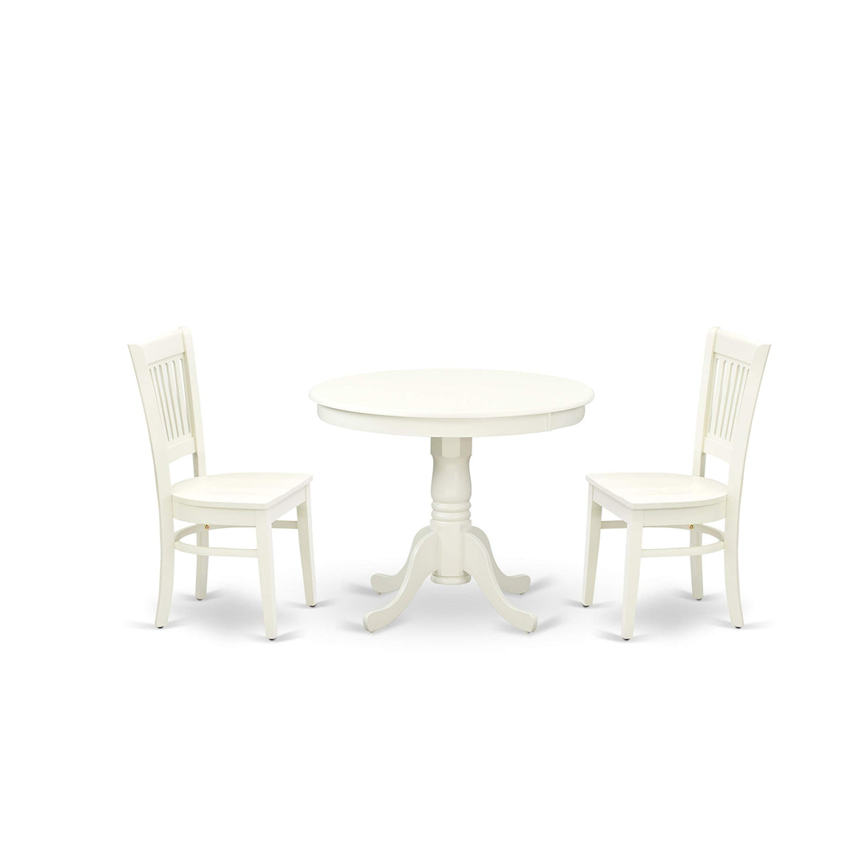 East West Furniture ANVA3-LWH-W 3 Piece Dining Room Furniture Set Contains a Round Dining Table with Pedestal and 2 Wood Seat Chairs, 36x36 Inch, Linen White East West Furniture