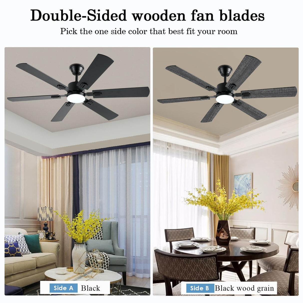 FUMLTP 56inch Black Ceiling Fans with Lights and Remote/App Control, Dimmable LED, Reversible DC Motor, Noiseless, 6 Double-Side blades, 6 Speeds Low Profile Ceiling Fan for Indoor/Outdoor Use FUMLTP