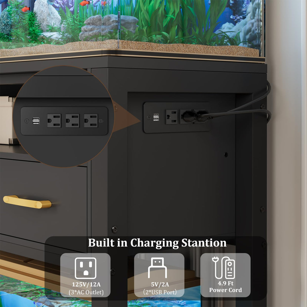 40-50 Gallon Aquarium Stand with Stable Metal Frame & Power Outlet, Heavy-Duty Fish Tank Stand with Waterproof Mat, 800LBS Capacity Storage Cabinet, Suitable for Turtle Tank, Reptile Terrarium, Black EOSVALO