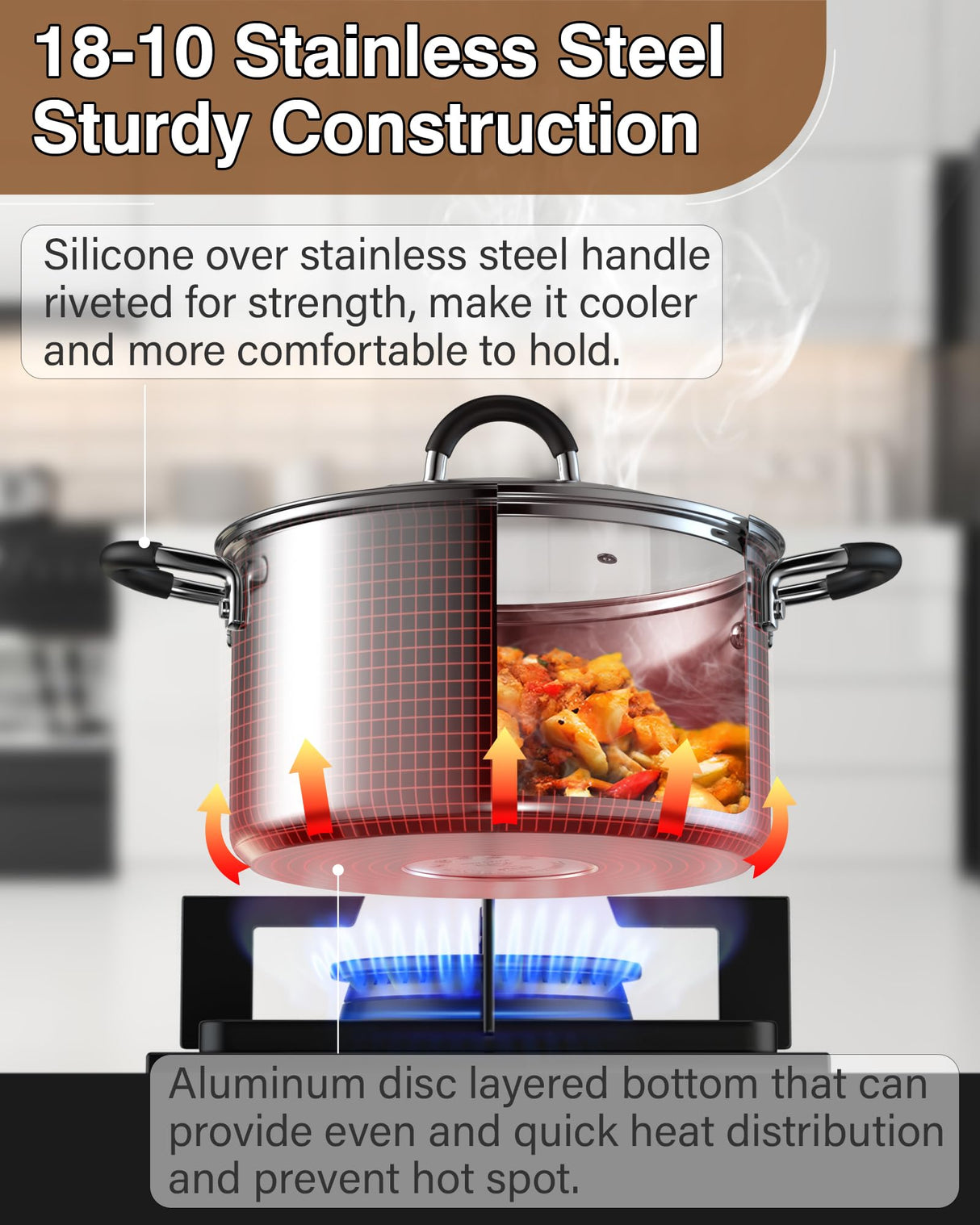 Cook N Home Stainless Steel Cookware Sets 10-Piece, Pots and Pans Kitchen Cooking Set with Stay-Cool Handles, Dishwasher Safe, Silver Cook N Home