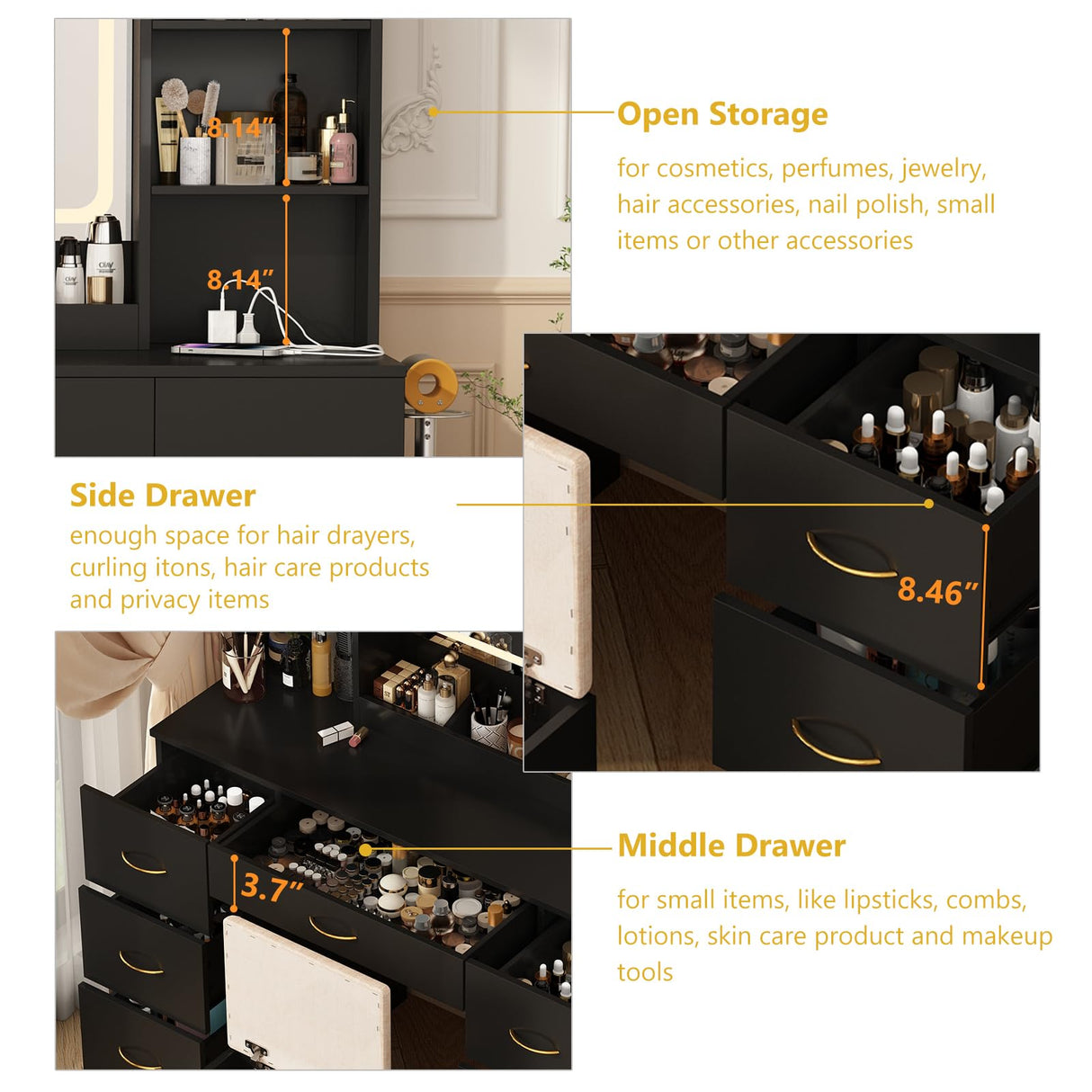 jiteentarou 47" Large Vanity Desk with Mirror and Lights, LED Black Vanity Set with Stool and Power Outlet, Lighted Make up Vanity Desk with Drawers and 3 Lighting Modes for Women, Girls(Black) jiteentarou