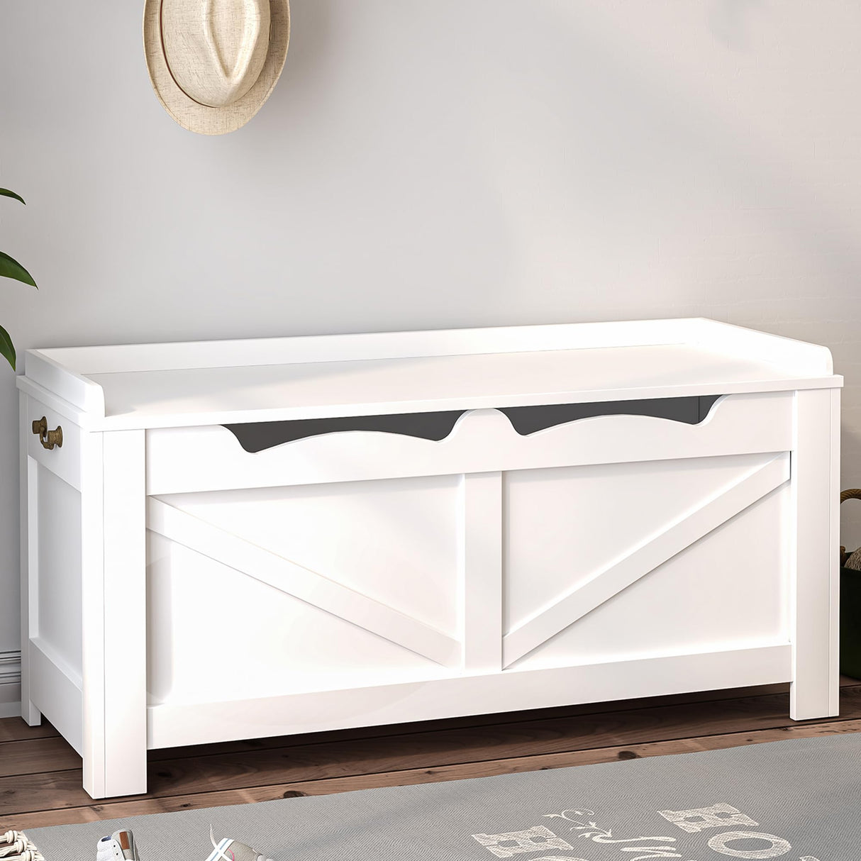 Hzuaneri 39.4" Storage Bench, Storage Chest, Lift-Top Storage Trunk with 2 Safety Hinges, Wooden Storage Box Chest Organizer for Bedroom, Entryway, Living Room, White SB04503X Hzuaneri