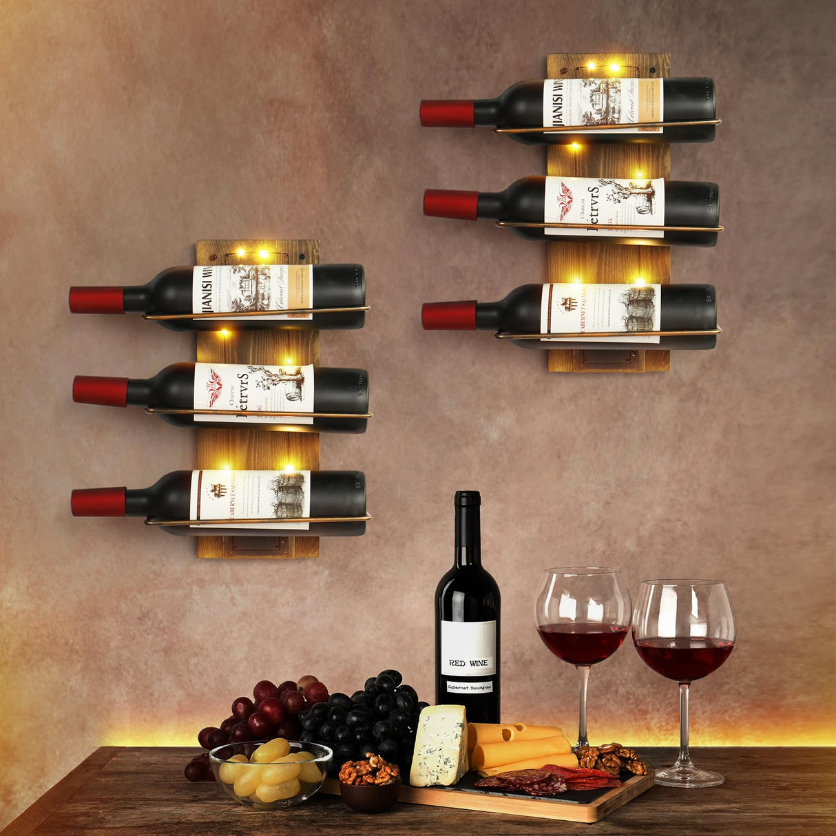 Taprion Wine Rack Wall Mounted Wood LED Light Wine Rack for 9 Wine Bottles - Elegant Wine Storage Solution for Kitchen, Dining Room, Home Bar, Wine Cellar Taprion