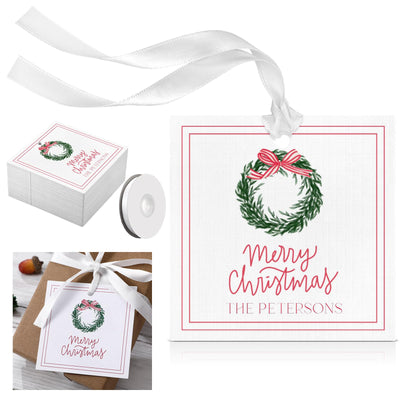 AmazingSpark 100 Pack Christmas Gift Tags with 75.5ft Ribbon Merry Christmas Wreath Paper Gift Tags Hanging Holiday Present Wrap for Xmas Present Wrapping DIY Crafts Party Favor