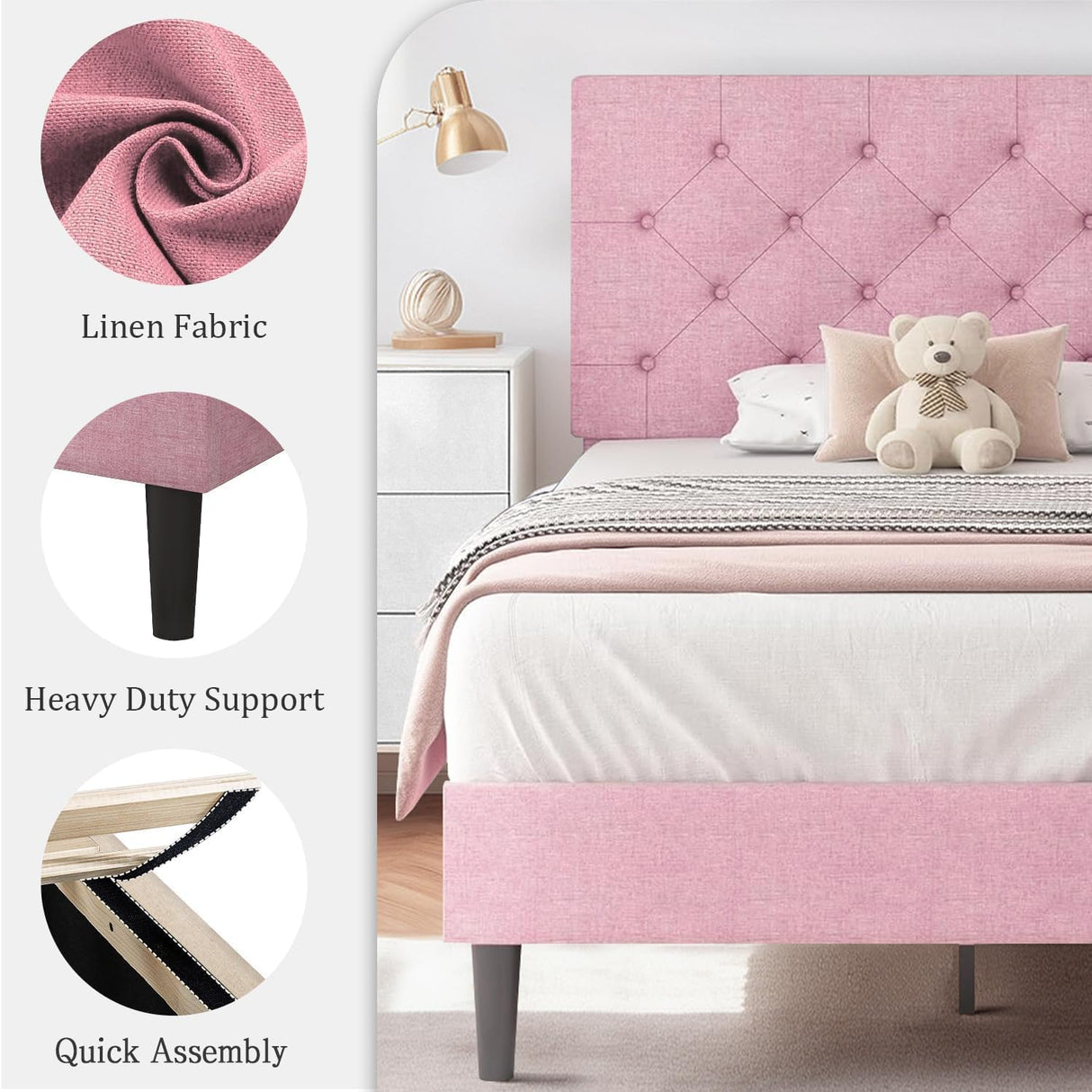 HOMBCK Twin Bed Frame, Upholstered Twin Bed Frame with Headboard, Pink Twin Bed Frame for Girls, Wood Slats, Linen Fabric, Button Tufted, No Box Spring Needed, Pink HOMBCK