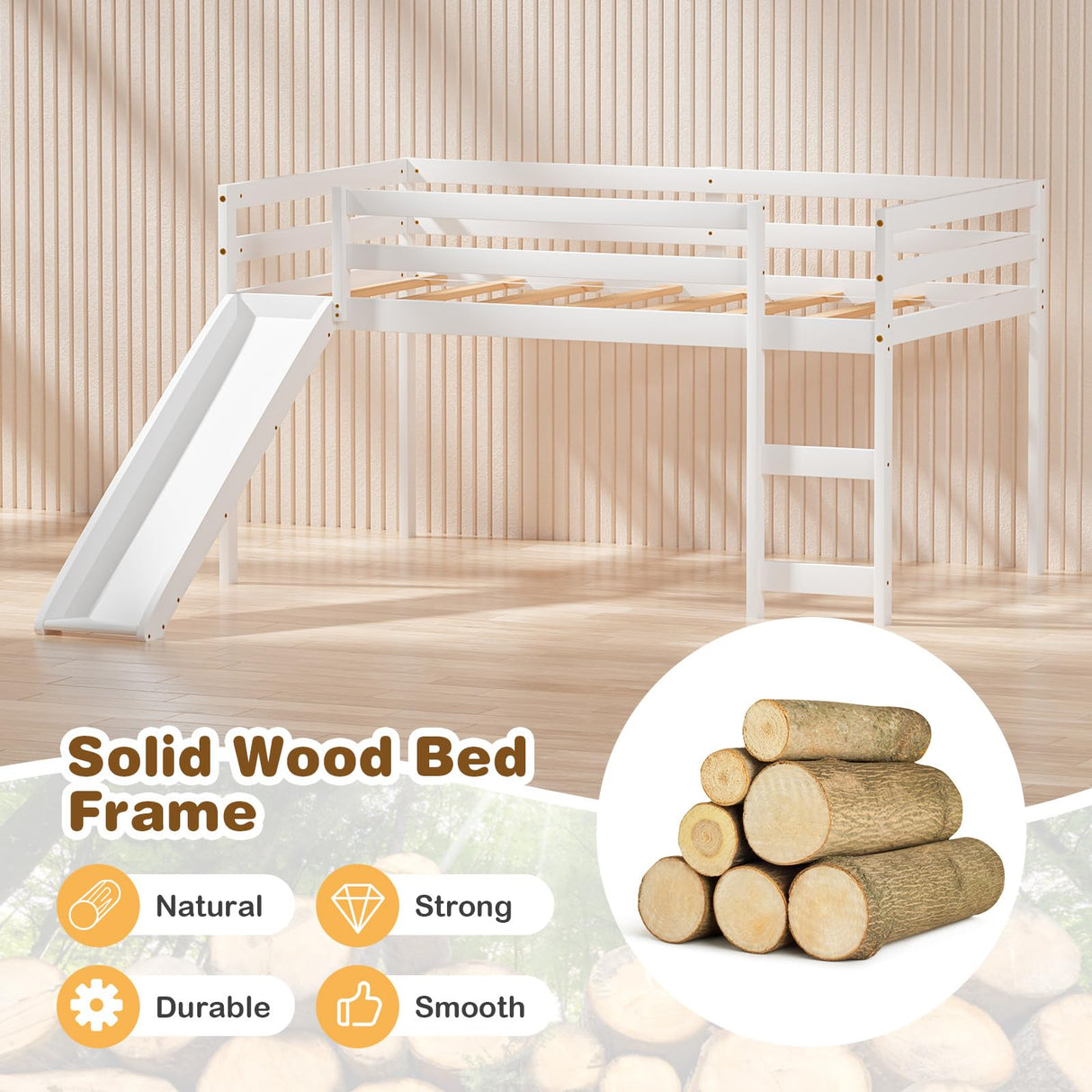 Giantex Twin Loft Bed with Slide, Wood Low Loft Bed for Kids, Toddlers, Climbing Ladder & Storage Space, Twin Kids Bed for Girls Boys, No Box Spring Needed, White Giantex