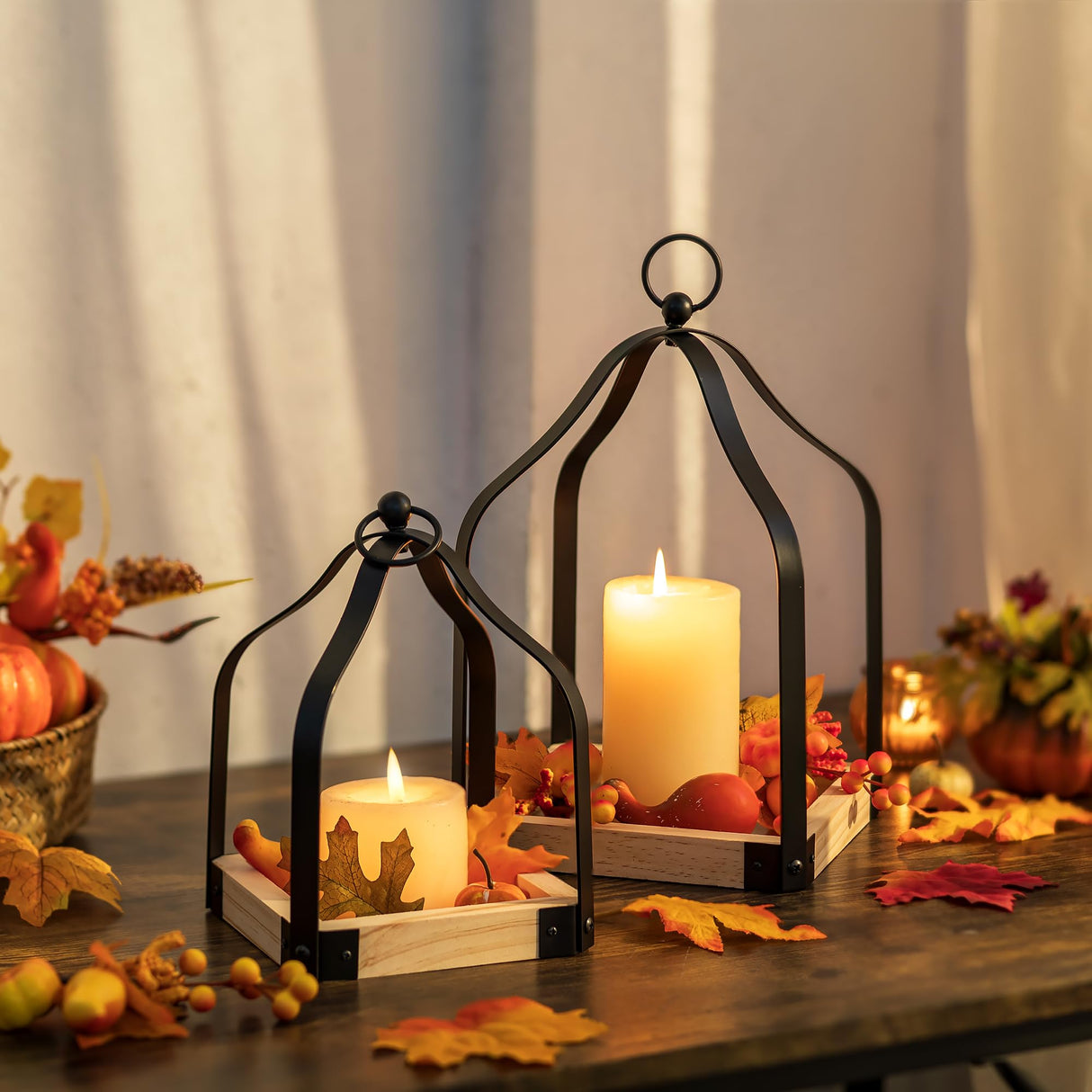 Romadedi Farmhouse Candle Lantern Decorative: Set of 2 Rustic Wood Candle Holder for Home Decor Living Dining Room Kitchen Fireplace Mantle Decorations Christmas Table Centerpiece Romadedi