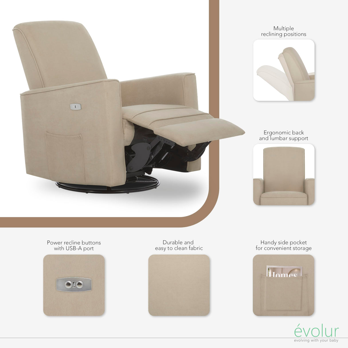 Evolur Harlow Upholstered Power Glider Recliner with USB Charging – Rocking & 360° Swivel with Smooth Glide – Greenguard Gold & FSC Certified – Modern Nursery and Living Room Chair in Fawn Evolur