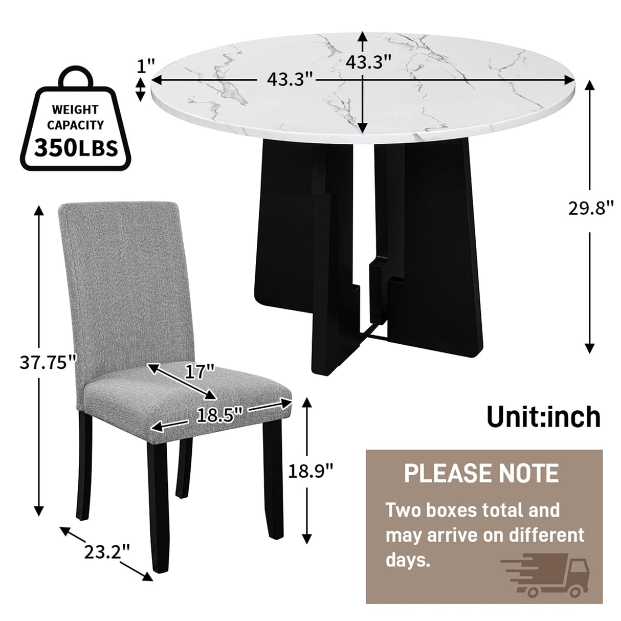 Merax 5-Piece Round Dining Table Set, Modern 4 Upholstered Chairs for Living,Kitchen Room, 43 Inch, White+Gray Merax