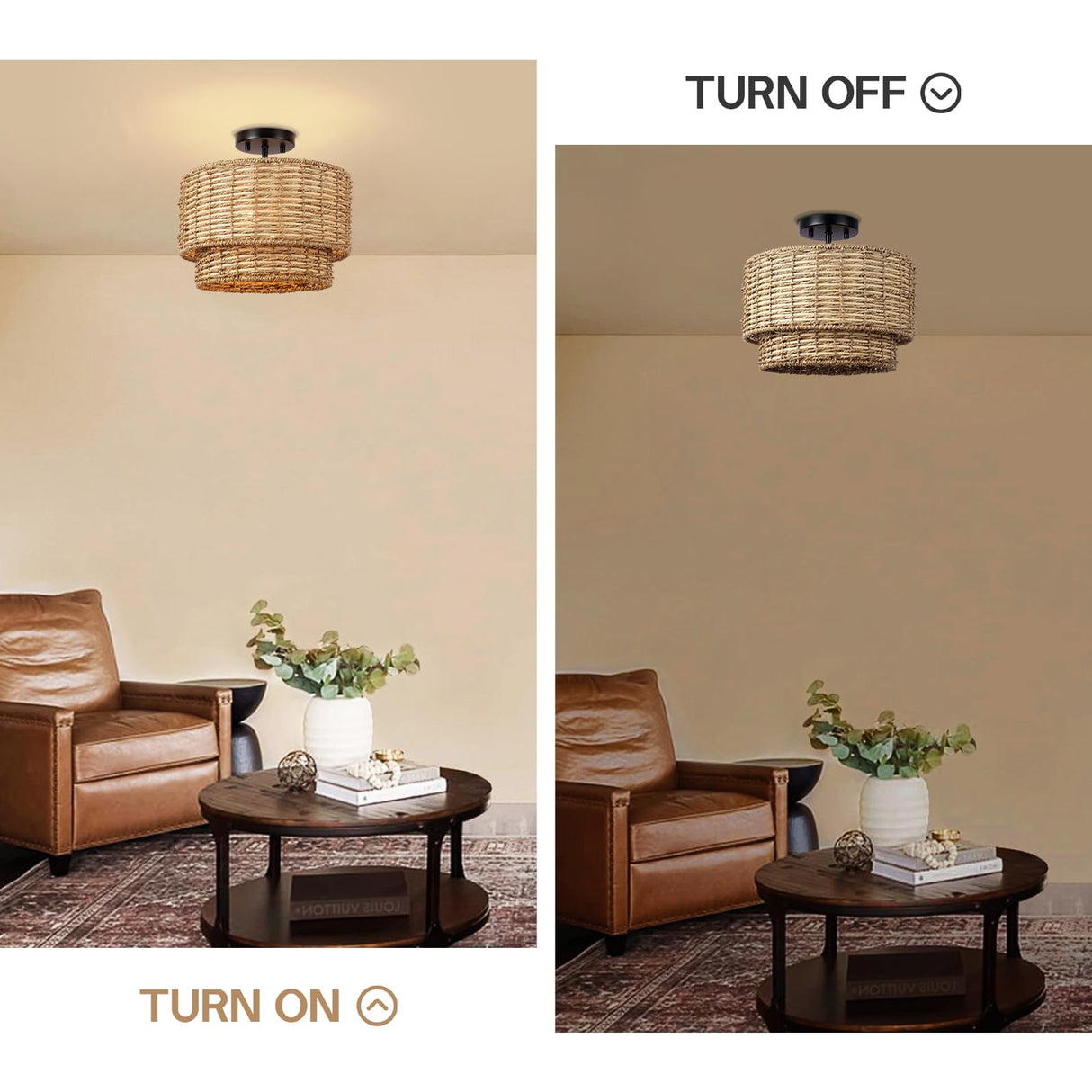 13" Woven Rattan-Style Boho Light Fixture Ceiling Mount,Farmhouse Rattan Semi Flush Mount Ceiling Light,Nursery Light Fixture With 2-Tier Drum Shade,Wicker Flush Ceiling Light for Bedroom Entryway Hermasgi