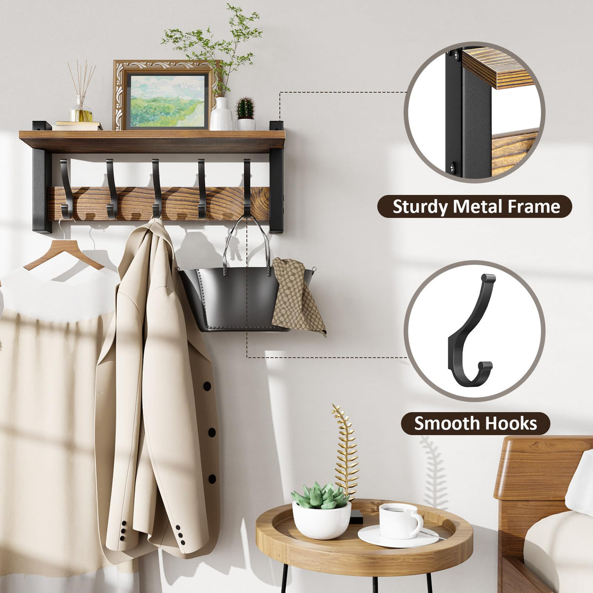 Optish Coat Rack Wall Mount with Shelf, 17.1 Inch Coat Hanger Walls Mounted, Hat Rack for Walls, Shelf with 5 Coat Hooks, Wall Hanger for Entryway (Brown) Optish