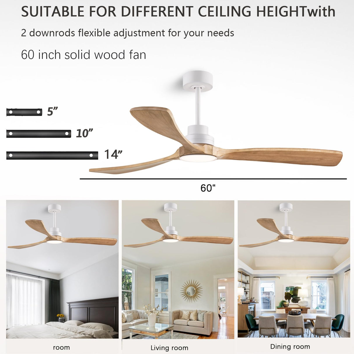 dearnow 60" Ceiling Fans with Light with Remote Control, Indoor Outdoor Wood Ceiling Fan with 3 Wood Blades for Living Room, Hallway, Office, Farmhouse, etc. (White + Wood Color) dearnow