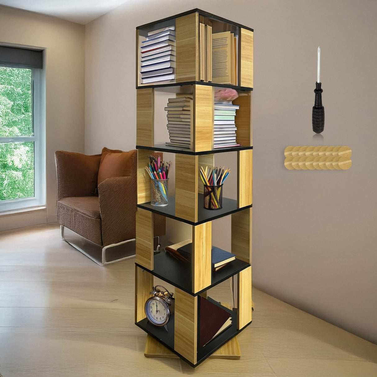 DIBAG Rotating Bookshelf - 15.75"x15.75"x63.19", Made of MDF, 360ΒΊ, Assembly Tools Included - Spinning Bookshelf Tower, Revolving Bookcase, Swivel Bookcase, Rotating Bookshelf Tower DIBAG