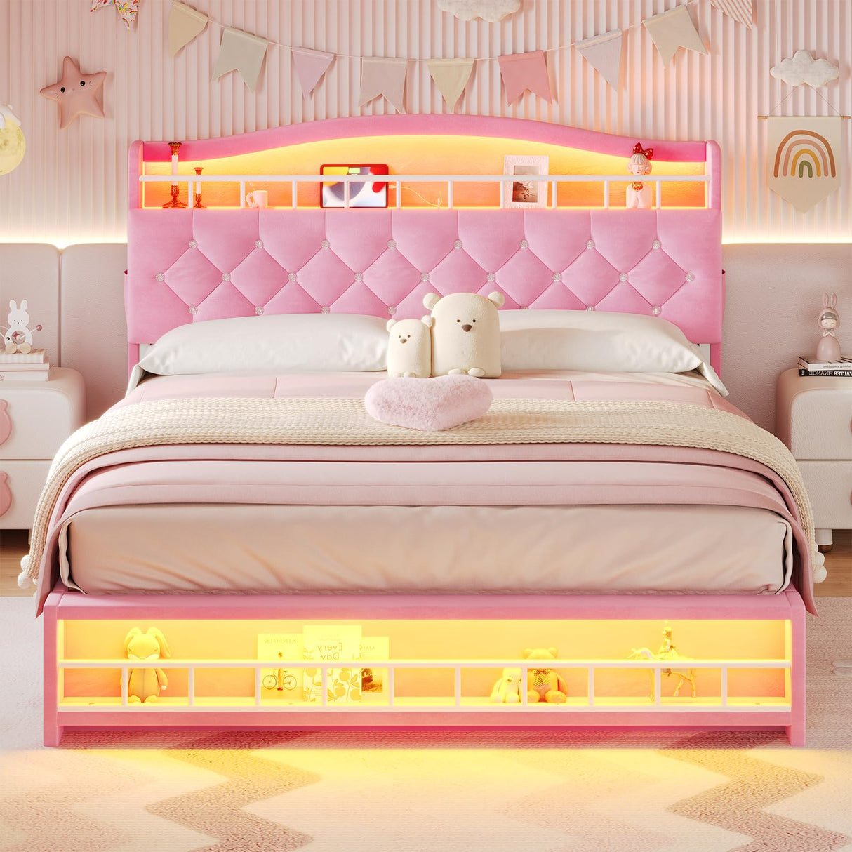 BTHFST Full Szie Girls Bed with LED Lights & Charging Station, Princess Full Size Bed Frame with Hidden Storage Headborad, Sturdy Platform Bed, No Box Spring Needed/Noise-Free/Easy Assembly, Pink BTHFST