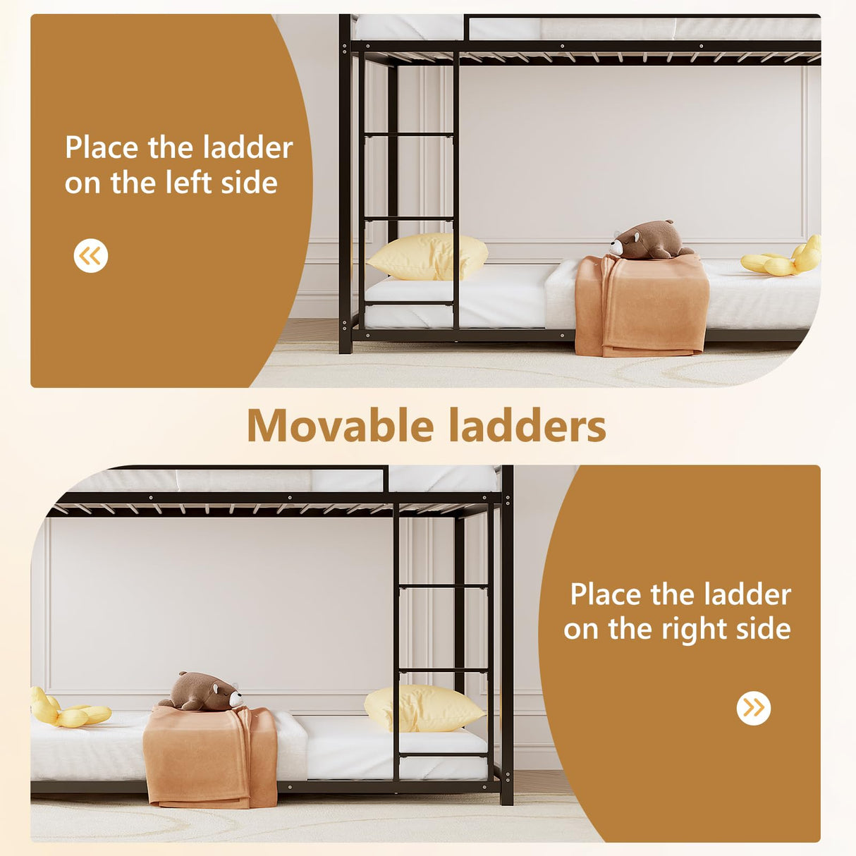 JOYMOR Bunk Bed Twin Over Twin, Metal Twin Size Bed Frame with Safety Guardraild for Boys Girls, Junior, Low Profile Space Saving Design, Mattress Not Included (Black) JOYMOR