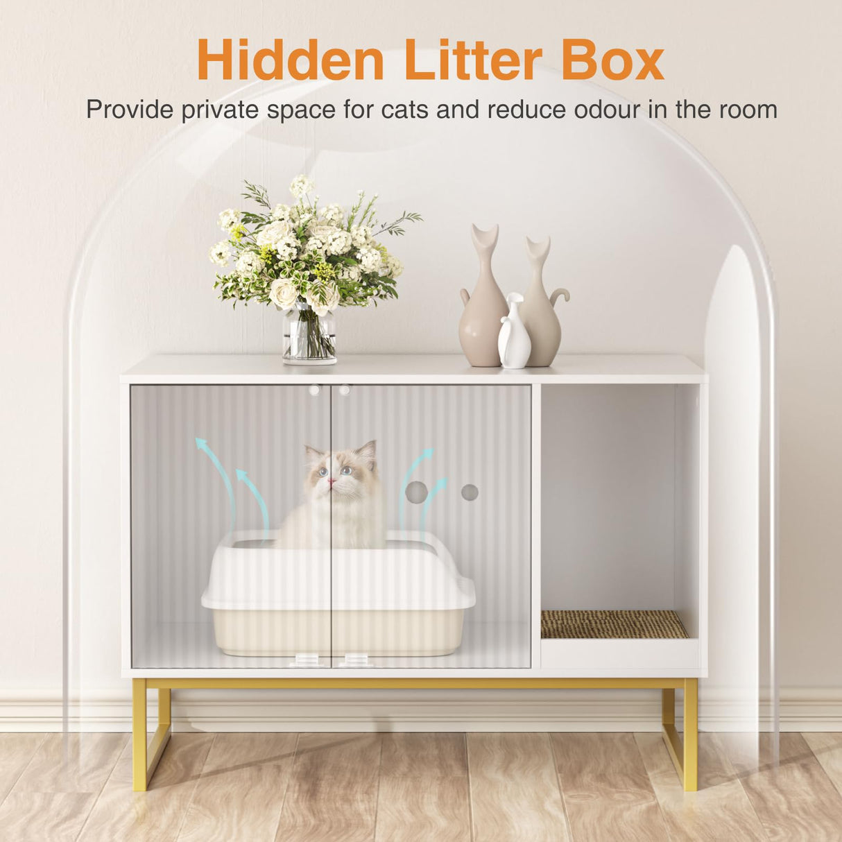 Cat Litter Box Enclosure, Fluted Hidden Litter Box Furniture with Scratch Pad and Metal Legs, Modern Enclosed Cat Cabinet, 31.5 x 17.7 x 21.7 Inches Indoor Pet House for Living Room, Washroom, White FiveWillowise