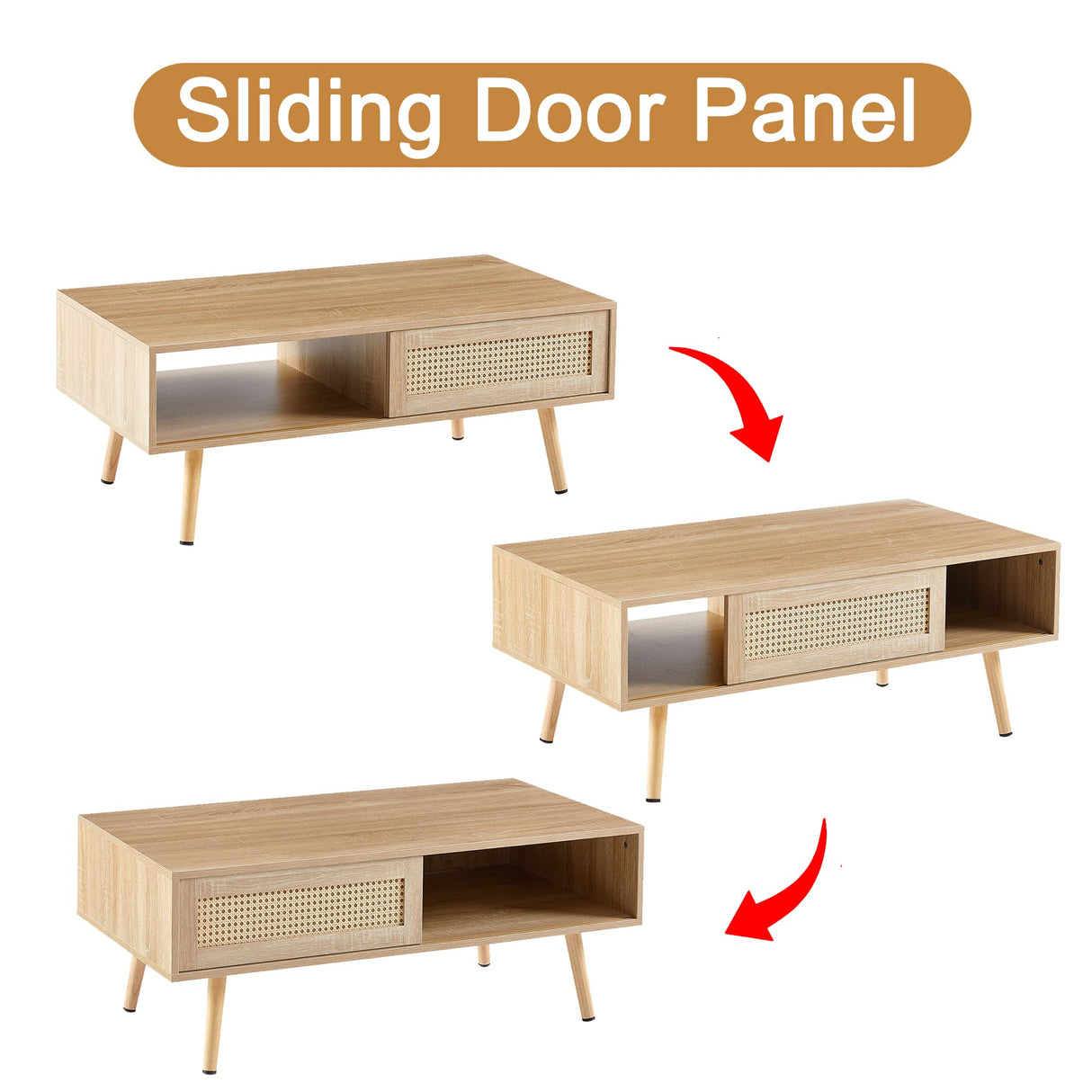 Ganooly Mid Century Modern Coffee Table with Storage, 41.3 Inch Rectangle Wooden Accent Center Tables with Sliding PE Rattan Woven Door Panel and Solid Wood Legs, Suitable for Living Room, Apartment Ganooly