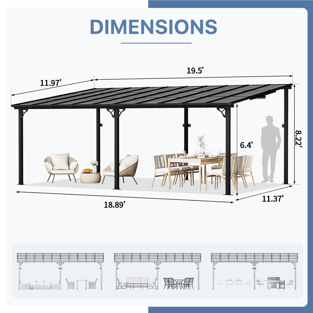 Jolydale Gazebo for Patio 12' x 20', Gazebo Pergola with Sloped Roof, Large Wall-Mounted Heavy Duty Awnings, for Backyard, Deck, Patio Jolydale