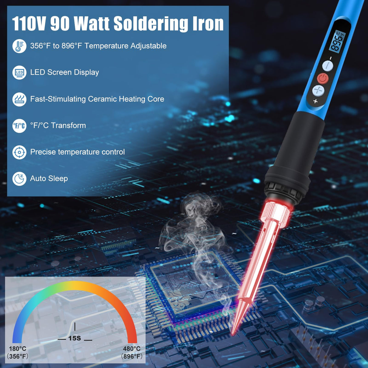 ANBES Soldering Iron Kit, 90W 110V Fast Heat up LCD Digital Soldering Gun kit with Ceramic Heater, 10 in 1 Adjustable Temperature Soldering Kit with Automatic Sleep Mode ANBES