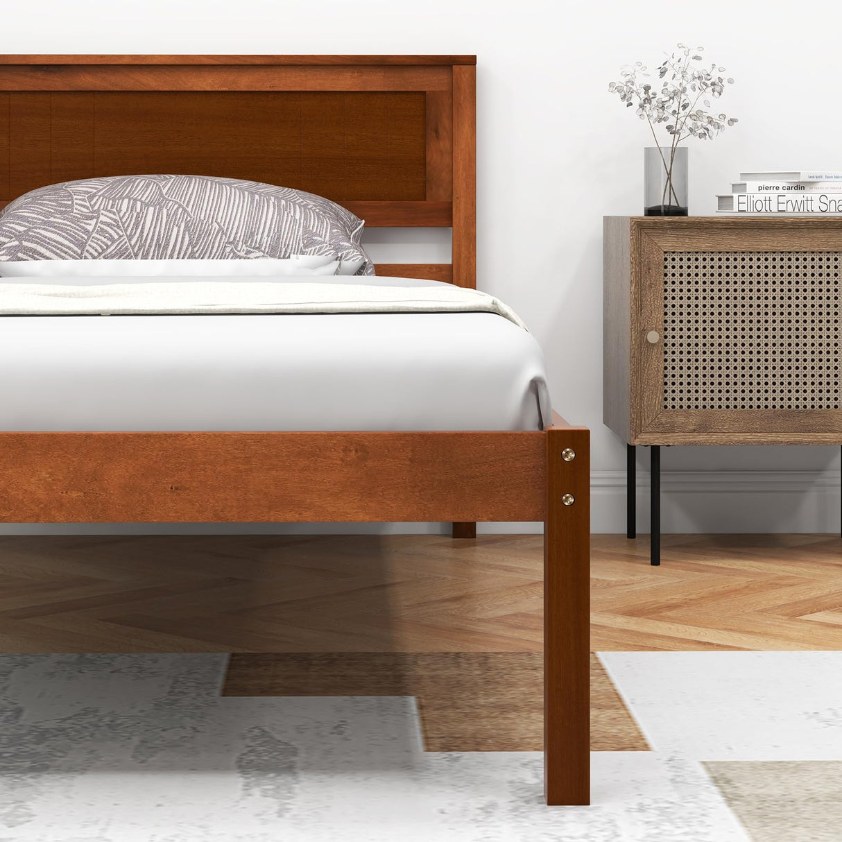 Giantex Wood Twin Platform Bed with Headboard, Mid Century Solid Wood Bed Frame with Wood Slat Support, Wooden Mattress Foundation with 12" Under Bed Storage for Bedroom, Easy Assembly, Walnut Giantex