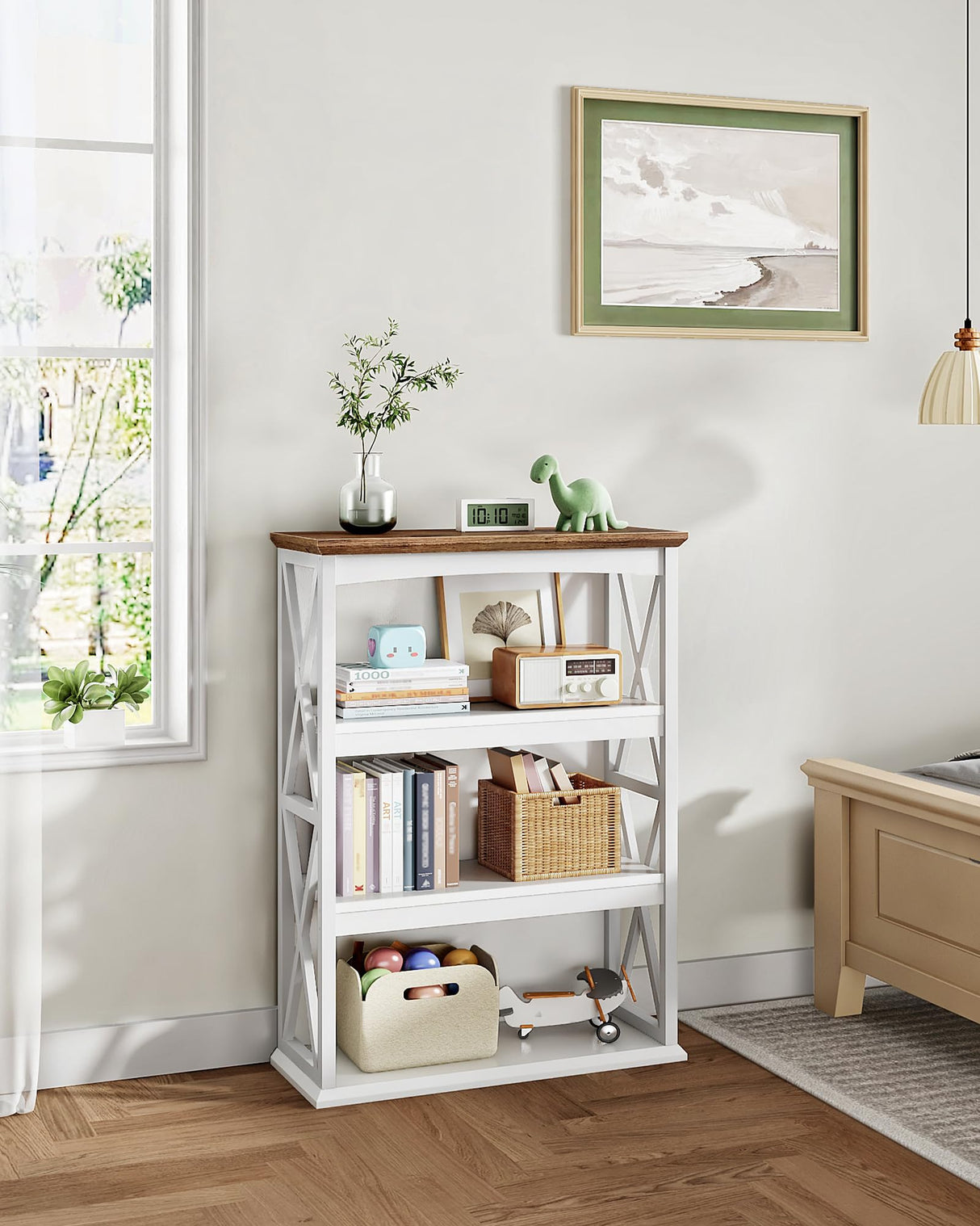 CHOEZON 4-Tier Bookcase, 42.9" Floor Standing Organizer Shelf, Corner Book Stand, Metal Frame, for Study, Bedroom, Living Room, White and Walnut TSJ01WL CHOEZON