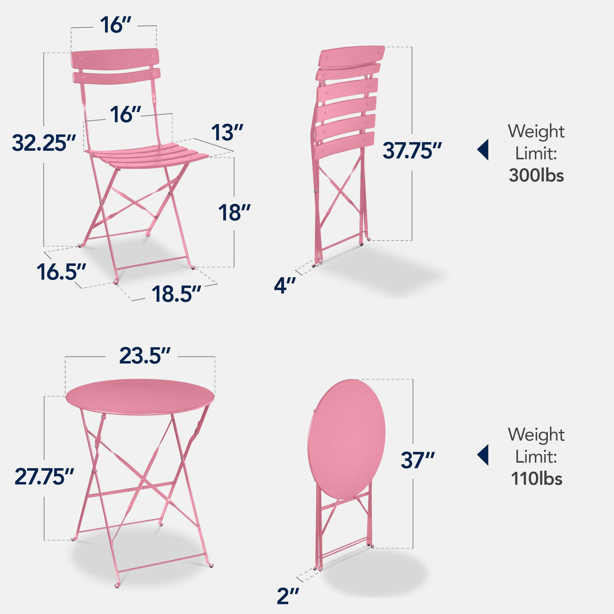 Best Choice Products 3-Piece Bistro Set, Space Saving Folding Design, Solid Steel, Outdoor Patio Furniture Set w/ 2 Chairs, Bistro Table - Pink Best Choice Products