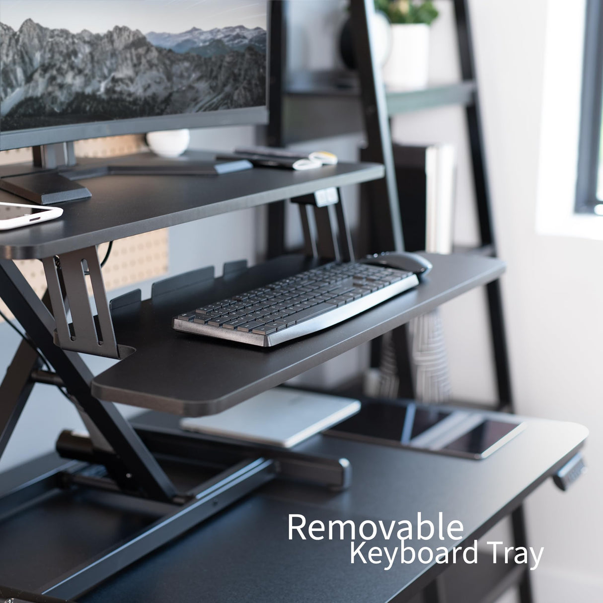 VIVO 42 inch Electric Motor Desk Converter, Height Adjustable Riser, Sit to Stand Dual Monitor and Laptop Workstation with Wide Keyboard Tray, Black, DESK-VE42B VIVO