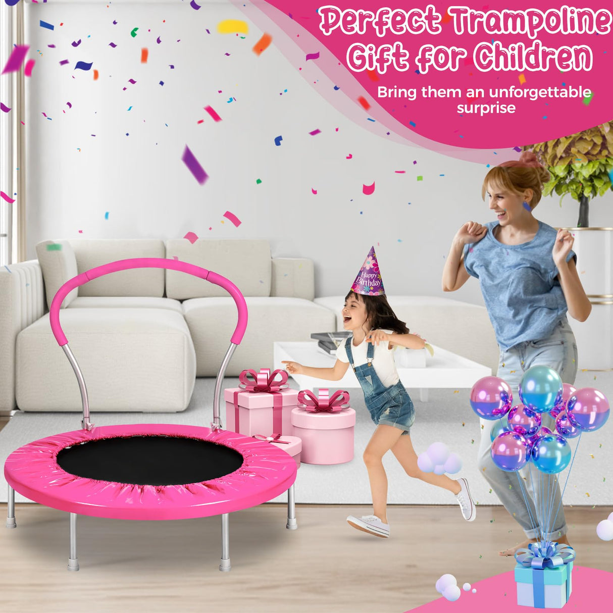 Lyromix 36 Inch Mini Trampoline for Kids, Indoor Toddler Rebounder Trampoline with Handle, Pink Lyromix