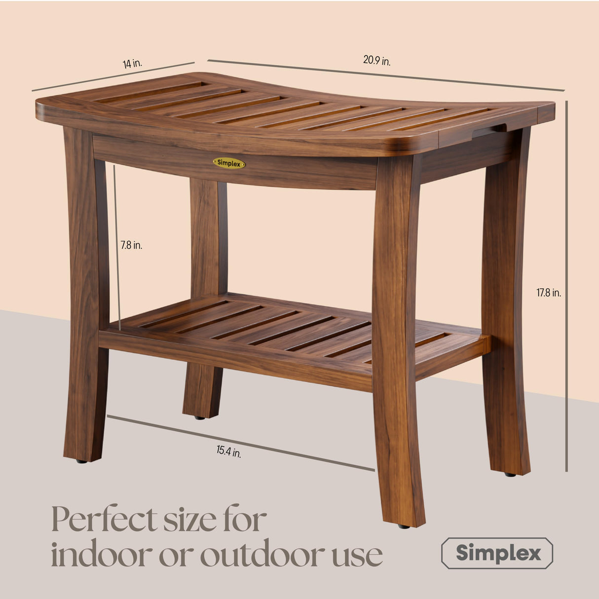 Simplex Teak Shower Bench, Fully Assembled Shower Stool, Water-Resistant Spa Seat, 20.8 Inch Non Slip Shower Bench, Indoor & Outdoor Use SIMPLEX