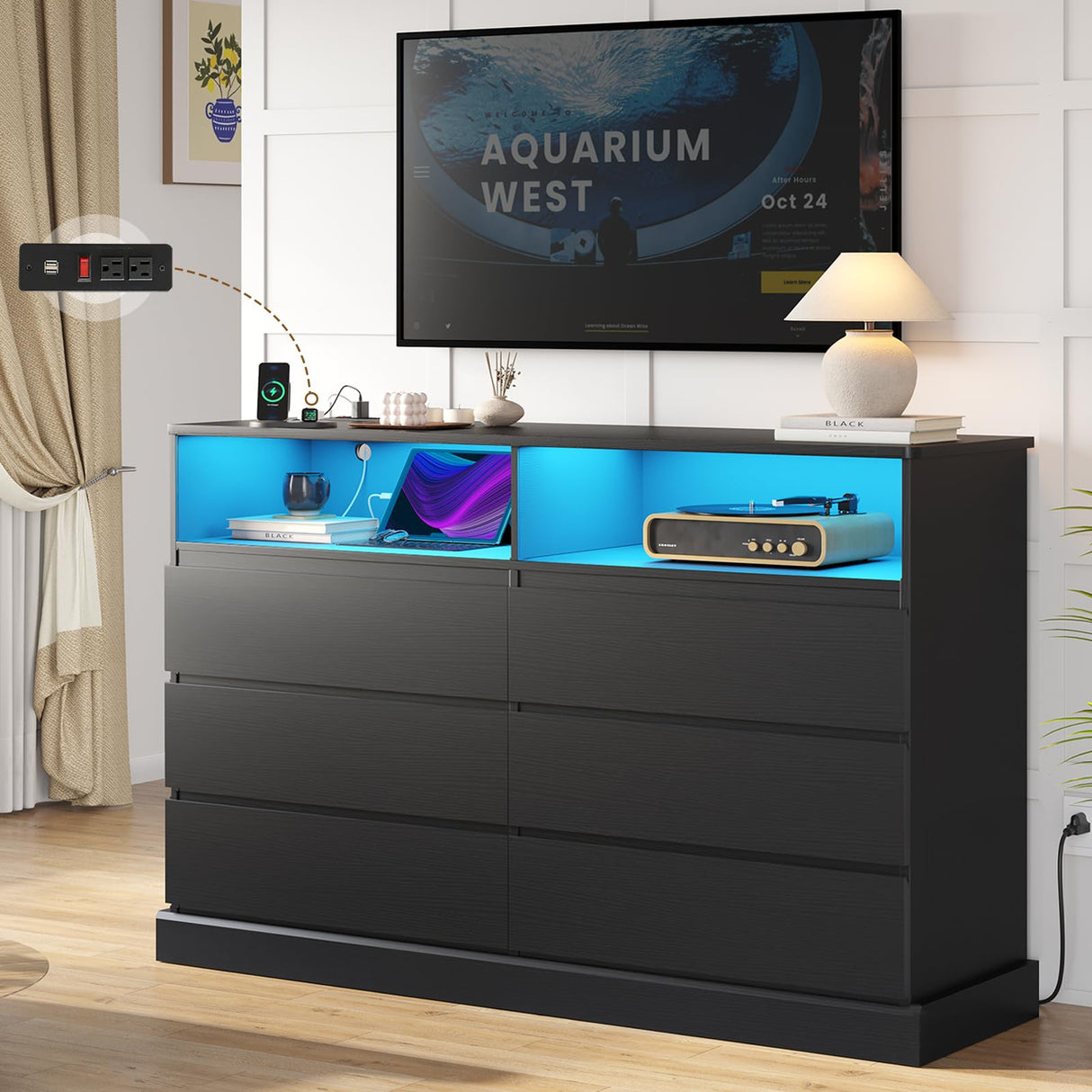 Hasuit Black Dresser for Bedroom with LED Lights and Charging Station, 51.2" Long Dresser Chest of Drawers with Large Drawers and Open Space, Modern 6 Drawer Dresser for Bedroom, Living Room, Entryway Hasuit