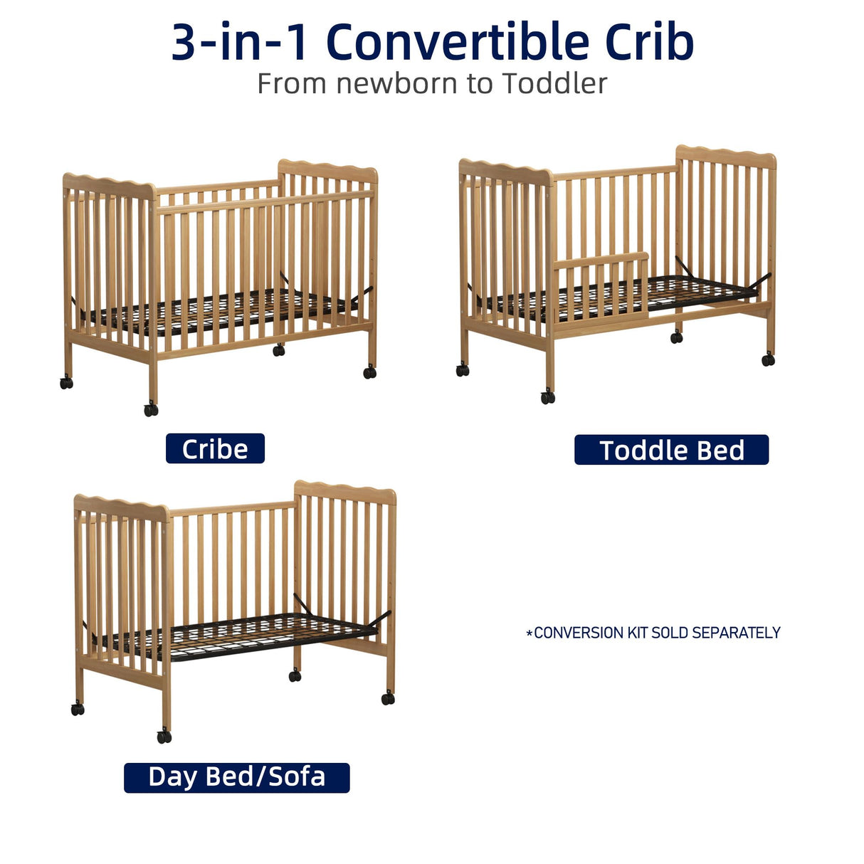 Saylike Baby Crib, 3-in-1 Convertible Crib Wood Full Size Toddler Bed with Locking Wheels for Nursery Furniture, Non-Toxic Finish (Natural) Saylike