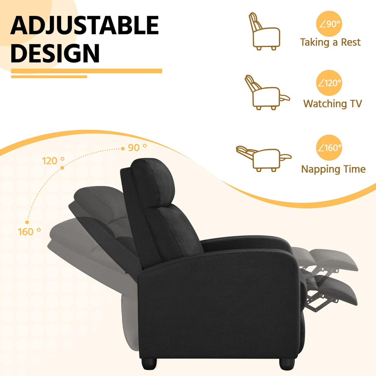 Yaheetech Fabric Recliner Chair Sofa Ergonomic Adjustable Single Sofa with Thicker Seat Cushion Modern Home Theater Seating for Living Room Matte Black Yaheetech