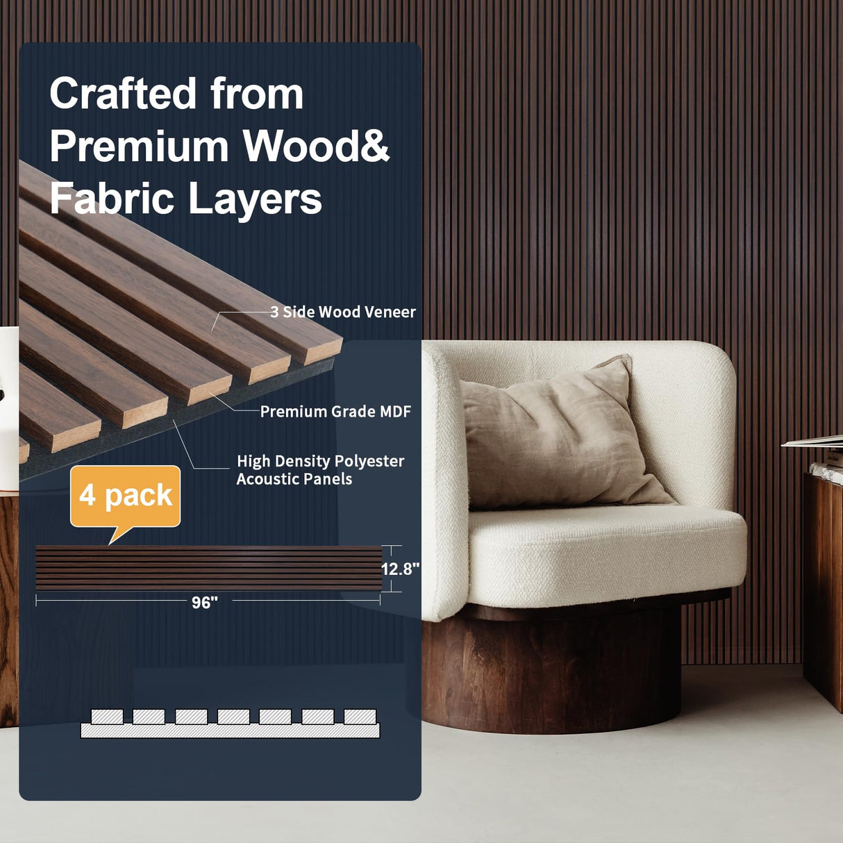 NeatiEase Wood Panels for Wall, 4-Piece 96" x 12.6" Soundproof Wood Slat Wall Panel for Interior Wall Decor Noise Cancelling, Wood Acoustic Wall Panels, Sound Absorbing Panel (Rustic Walnut) NeatiEase