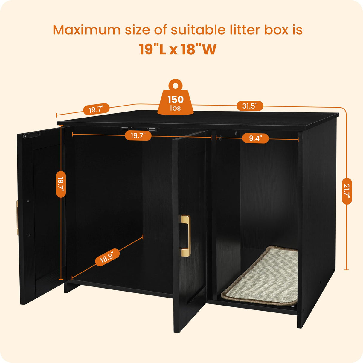 Dwanton Litter Box Enclosure, Cat Litter Box Furniture Hidden, with Scratching Mat, Wooden Cat Washroom Indoor, Fit Most of Litter Box, 31.5" L x 19.7" W x 21.7" H, Black Dwanton