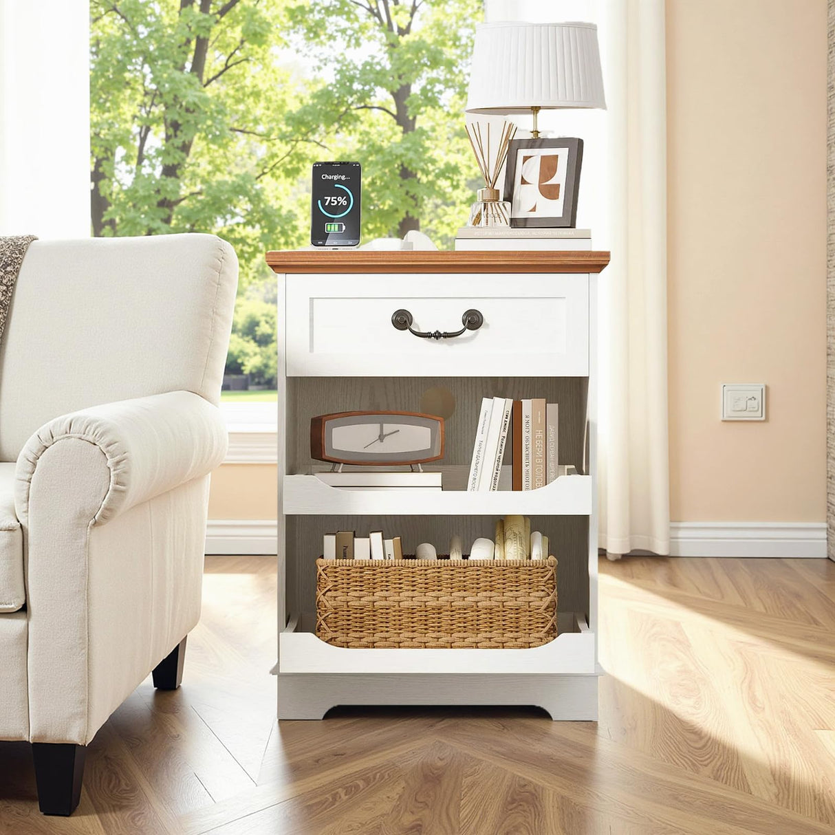 IRONCK Farmhouse Nightstand with Charging Station, Wooden Nightstands with Drawers, Bedside Table with Adjustable Storage Shelves for Bedroom, White IRONCK