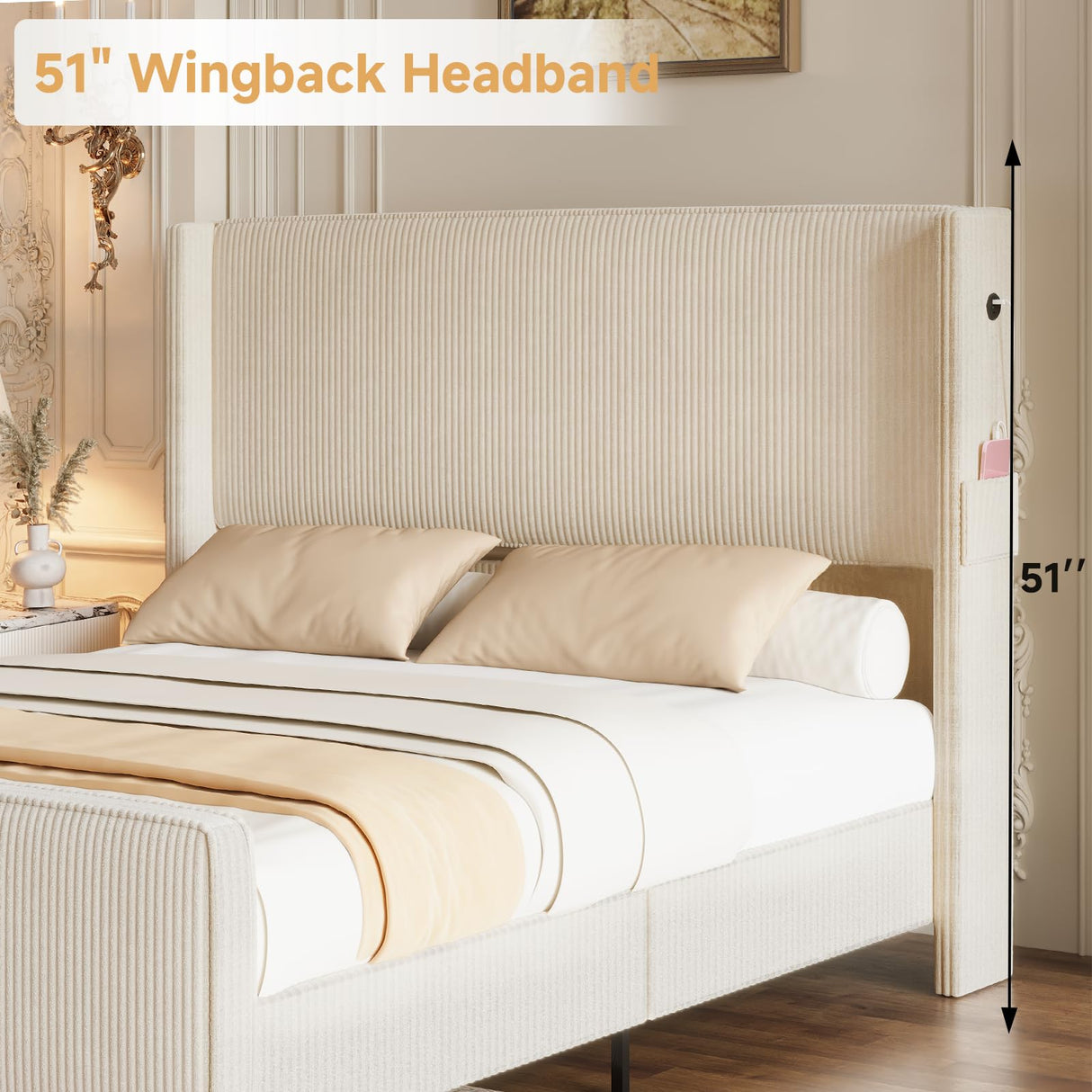 VINTLJUS King Size Bed Frame and Headboard, Upholstered King Bed Frame with Tall Wingback Headboard & Footboard, USB Ports, Easy Assembly, Beige VINTLJUS