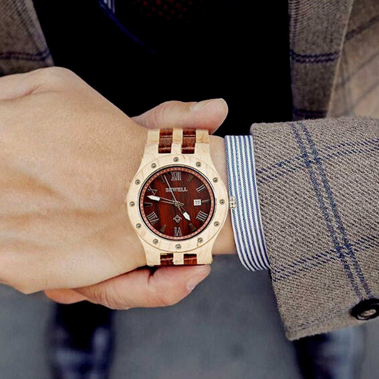 BEWELL W109A Natural Wood Watches for Men Quartz Date Lumious Pointers (Maple and Red Sandalwood) BEWELL