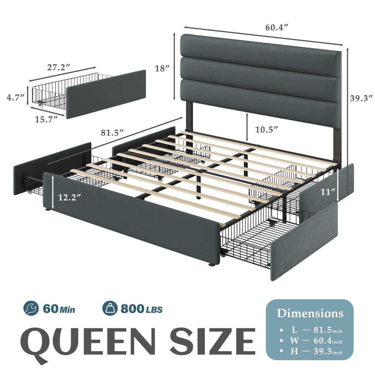 Lifezone Queen Bed Frame with Storage Drawers, Queen Size Platform Bed Frame with Velvet Upholstered Headboard, Metal Support, No Box Spring Needed, Noise-Free, Easy Assembly, Bedroom Furniture, Grey Lifezone
