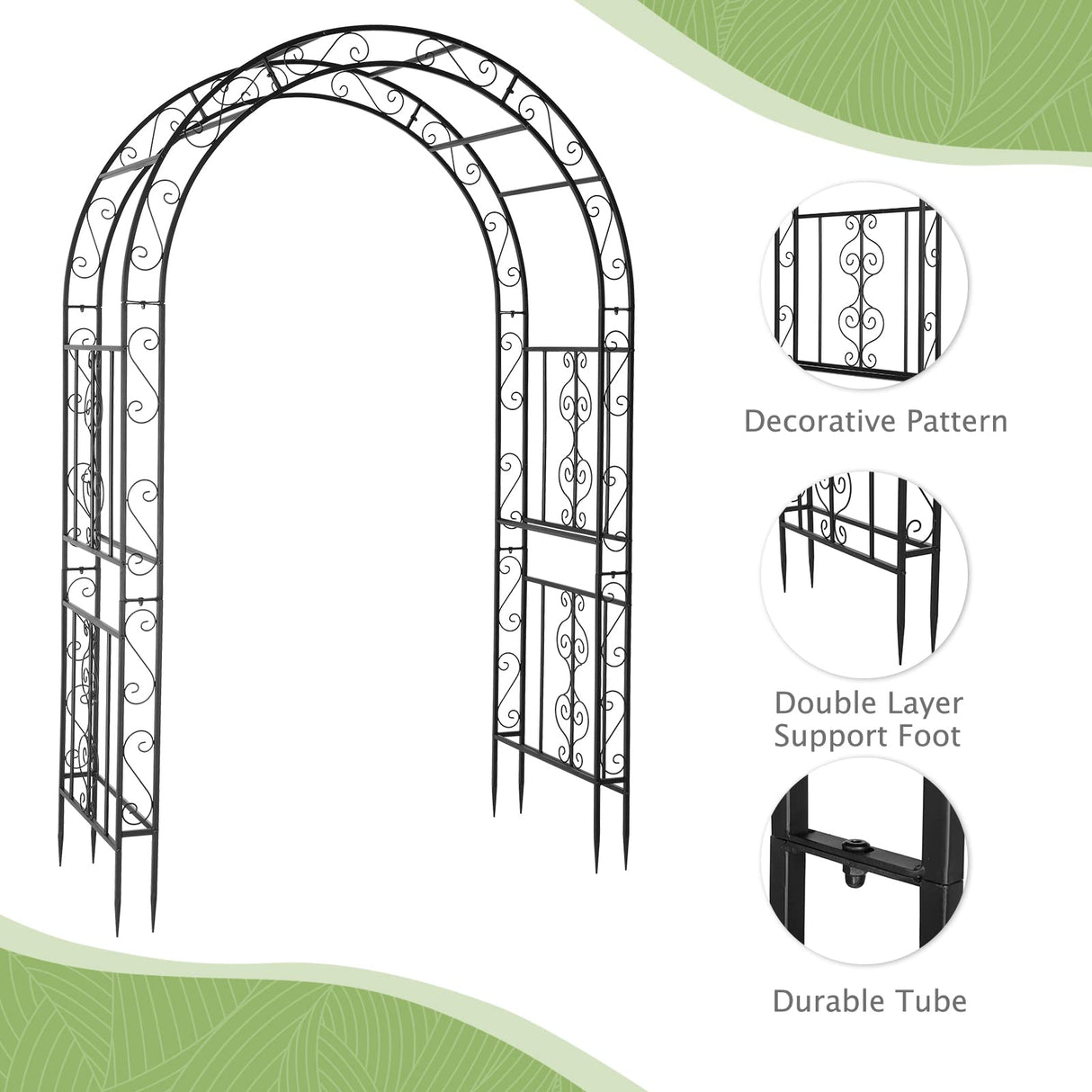 WISLAS 7FT Heavy Duty Steel Garden Arbor with Side Garden Trellis, Rust-Resistant Powder Coated Wedding Arch Archway for Backyard, Vine Plants & Outdoor Decor - Includes Ground Stakes & Easy Assembly WISLAS