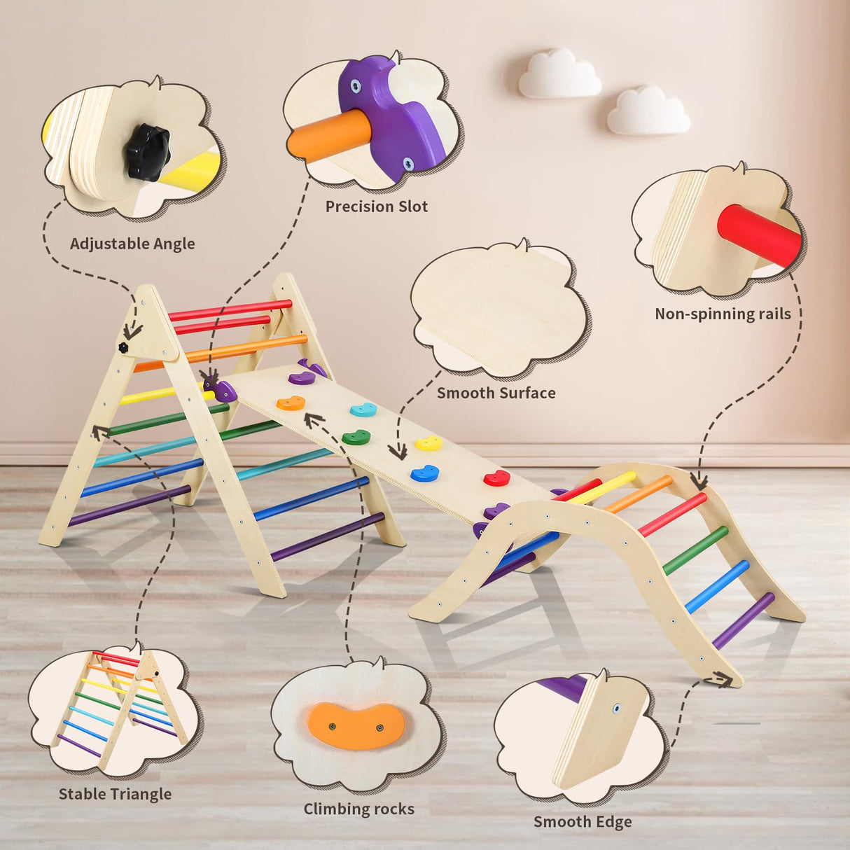 Pikler Triangle Set with Cushion, 5 in 1 Foldable Montessori Climbing Set for Toddlers Age 1-6, Climbing Triangle Set with Slide and Climbing Ramp Toddler Indoor Playgrounds, Gift for Kids (Rainbow) GCCSJ