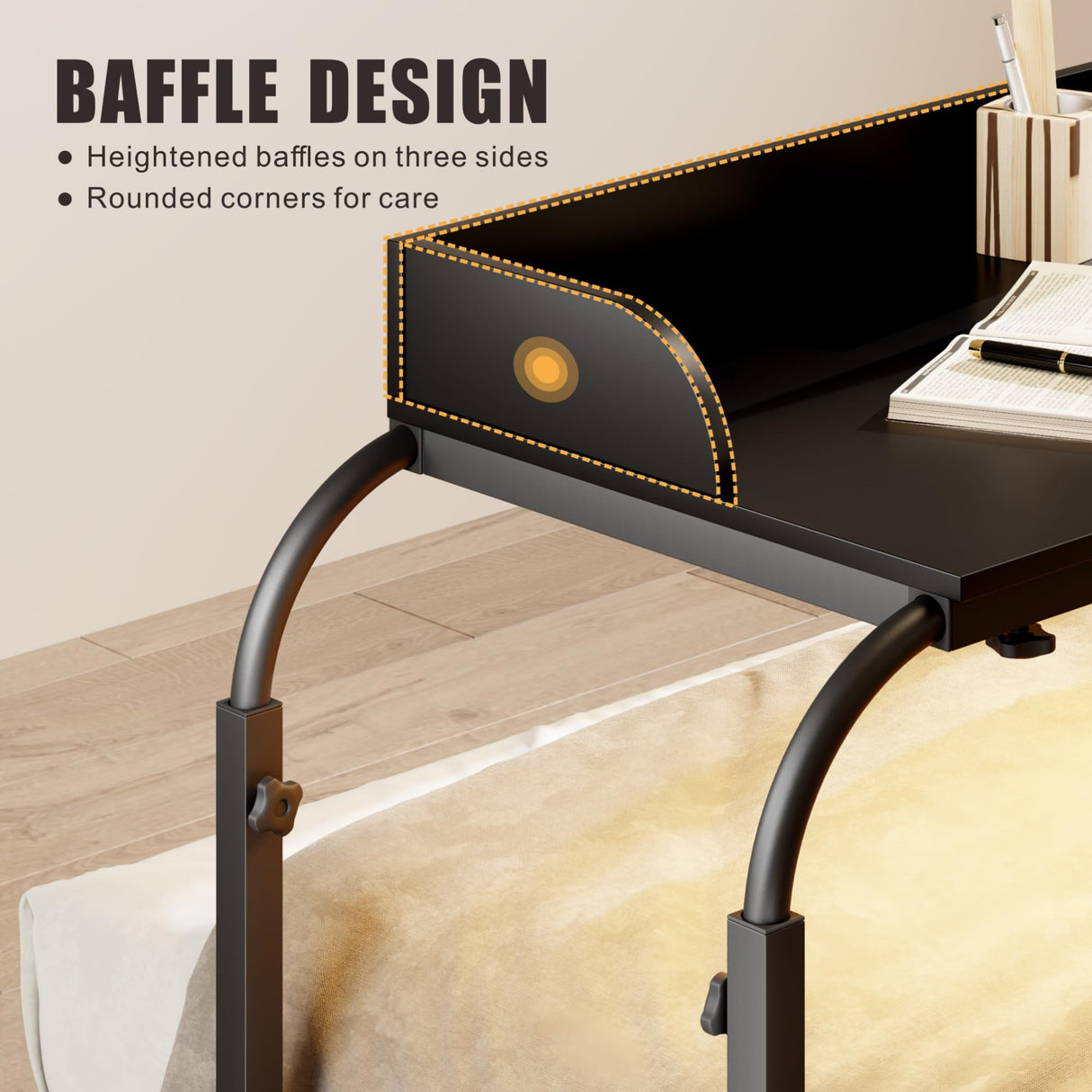 HWB Over Bed Desk with Auto-Sensor LED Lights,Over Bed Table with Wheels Adjustable Height with Charging Station,Beside Table,Rolling Tray Table for Laptop and Writing for Living Room,Black HWB