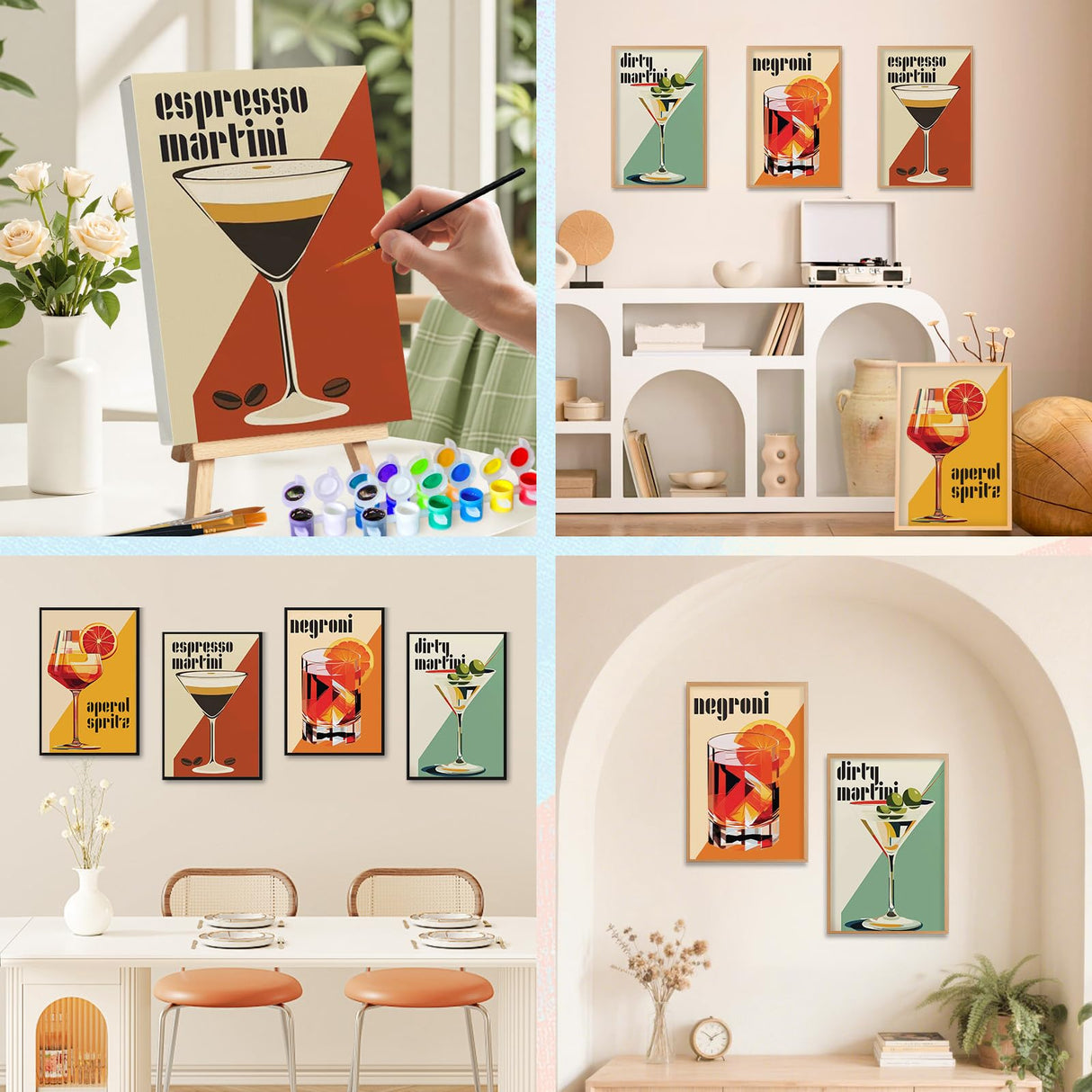 4 Pack Framed Paint by Numbers Kit for Adults with Wooden Easel, Cocktail Paint by Numbers with Frame for Beginner, Retro Cocktail Adult Paints by Number Kits on Canvas Framed for Wall Decor 8 x 12 In Camocin