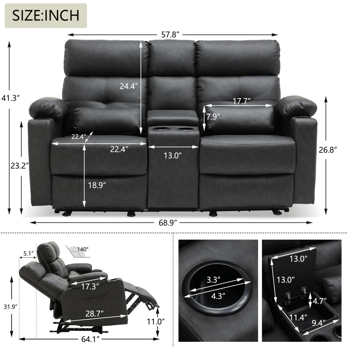 Consofa Power Reclining Loveseat with Console, Power Loveseat Recliner Sofa with Heat and Massage, Extended Footrest, Loveseat Recliner with Cup Holders, Lumbar Support for Living Room, Home Theater Consofa