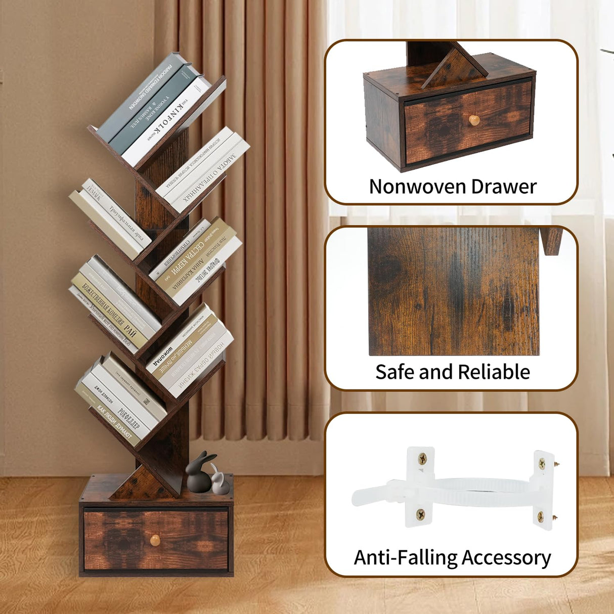 Yzosvki 8-Tier Rustic Brown Tree Bookshelf with Drawer for Stylish Storage Yzosvki
