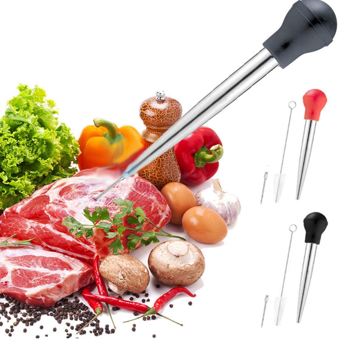 Turkey Baster for Cooking, Stainless Steel Turkey Baster Syringe with Cleaning Brush and Marinade Injector, Black iKusor