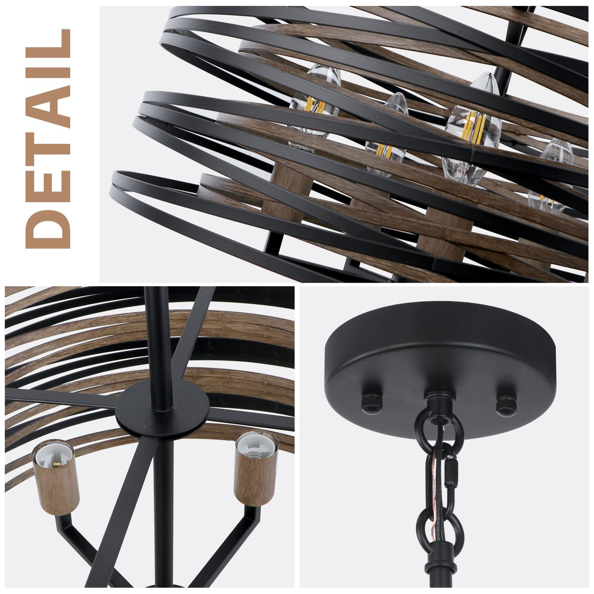 WBinDX 5-Light Drum Chandelier, 18.9'' Black Faux Wood Metal Farmhouse Dining Room Light Fixture, Rustic Industrial Retro Hanging Round Chandeliers for Kitchen Table Foyer Entryway Living Room WBinDX