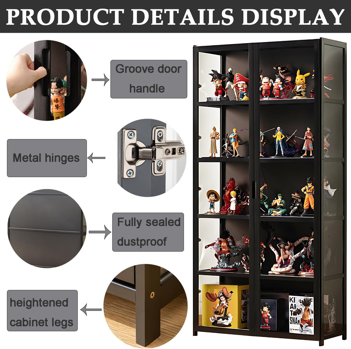 idhhco 5 Tier Curio Display Cabinet, Display Cabinet with Acrylic Glass Door, Collectibles Toy Organizers Rack & Display Shelf, Kids Bookcase for Bedroom, Reading Nook, Toddler's Room, Bamboo idhhco