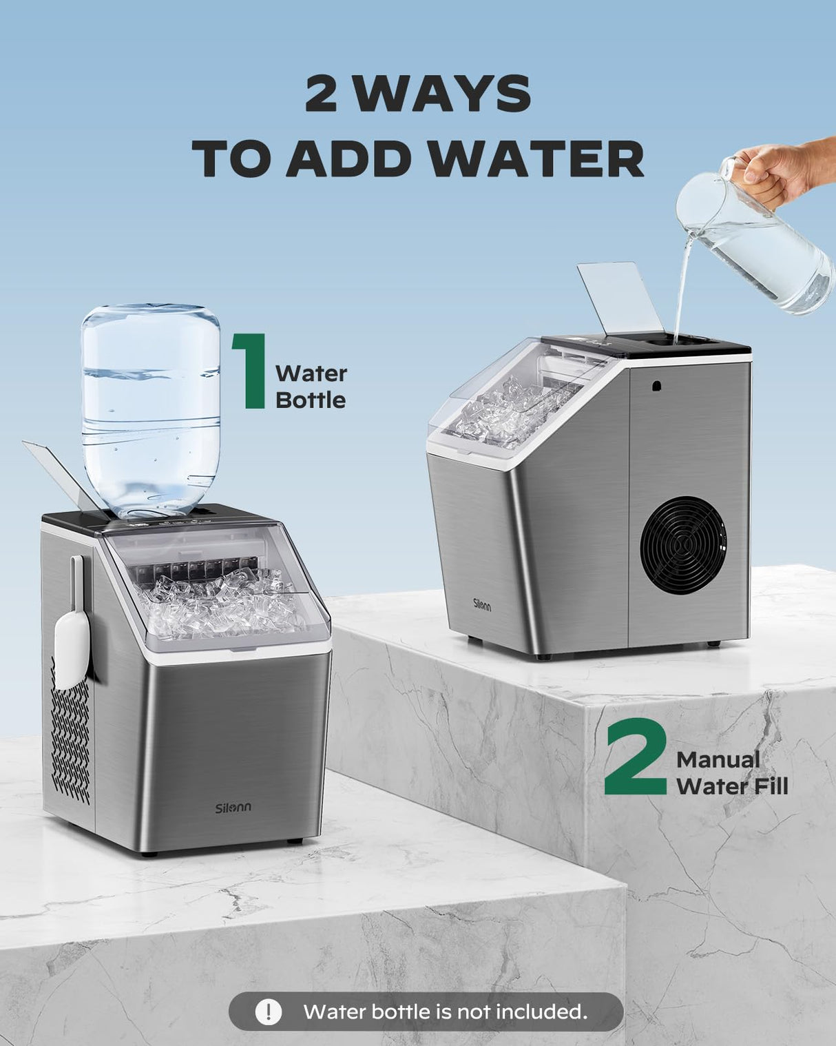 Silonn Ice Makers Countertop, 44lbs Per Day, 2 Ways to Add Water, Auto Self-Cleaning, Stainless Steel Ice Machine for Home Office Bar Party Silonn