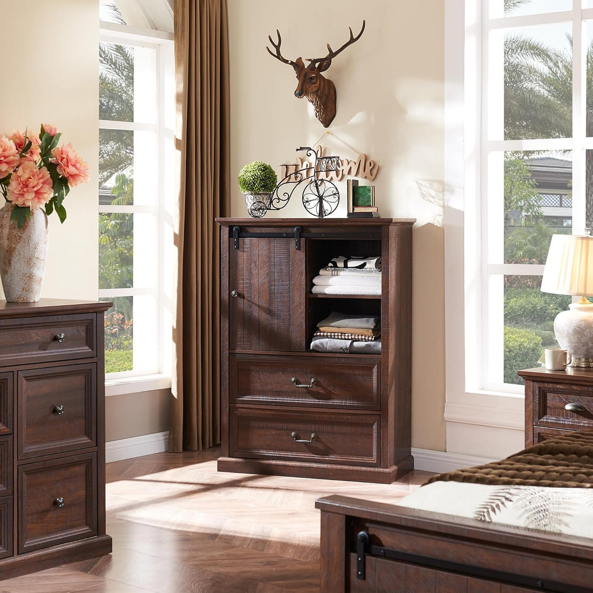 IFGET Farmhouse 5 Drawers Dresser for Bedroom, 47" Tall Chest of Drawers w/Sliding Barn Door, Rustic Wood Dressers Organizer w/Adjustable Shelves for Bedroom, Living Room, Kitchen, Brown IFGET