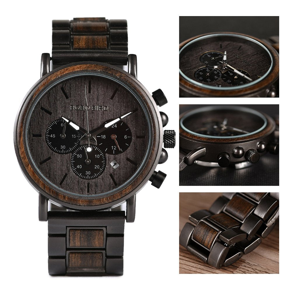 2win Mens Wooden Watches Luxury Stainless Steel Wood Watch for Men Chronograph Quartz Watches 2win